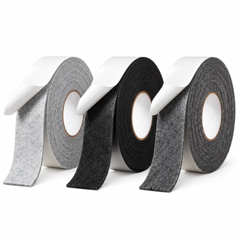 Light gray self-adhesive felt strips in rolled and unrolled form